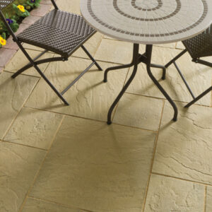 York coloured patio paving with tables and chairs